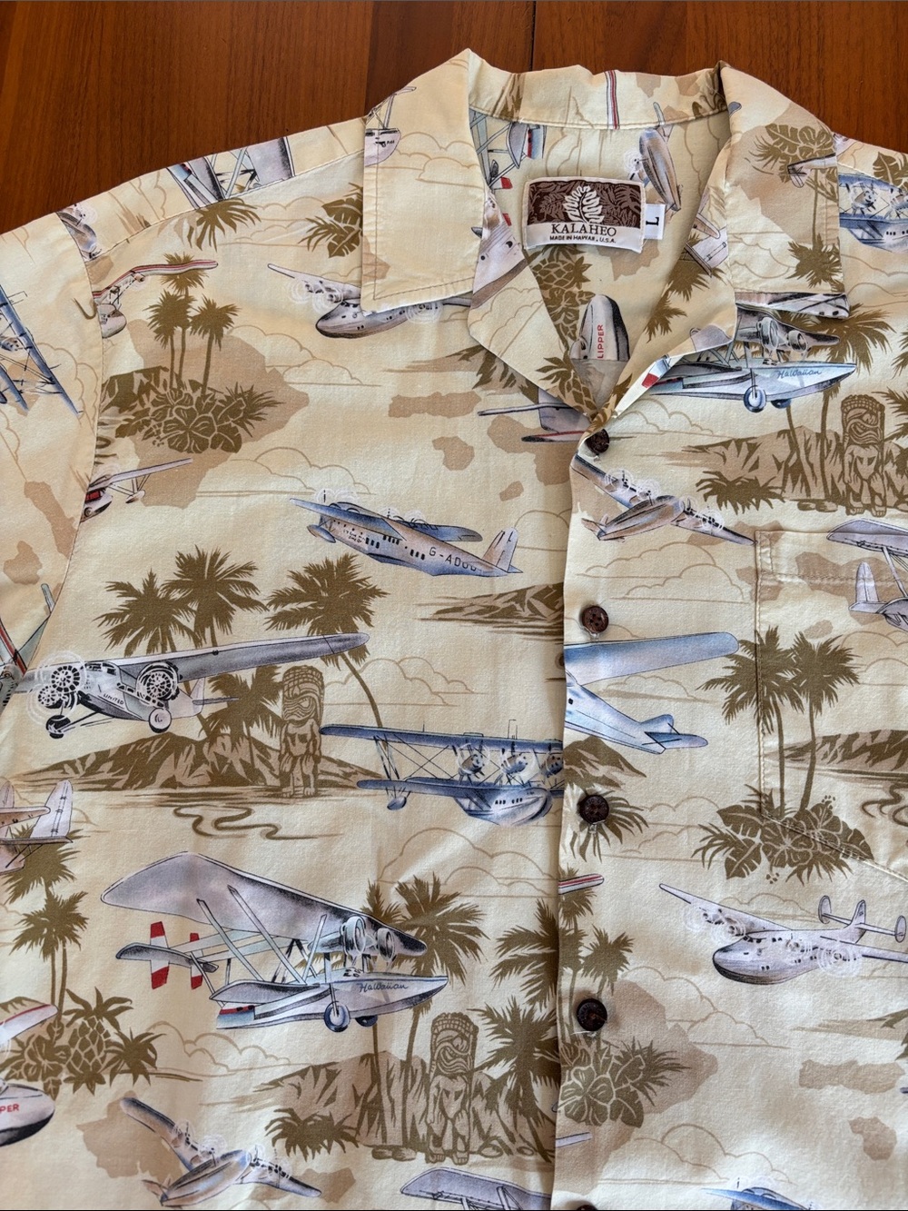 Kahala Men’s Beige Aviation Print Short-Sleeve Button-Down Shirt, Large